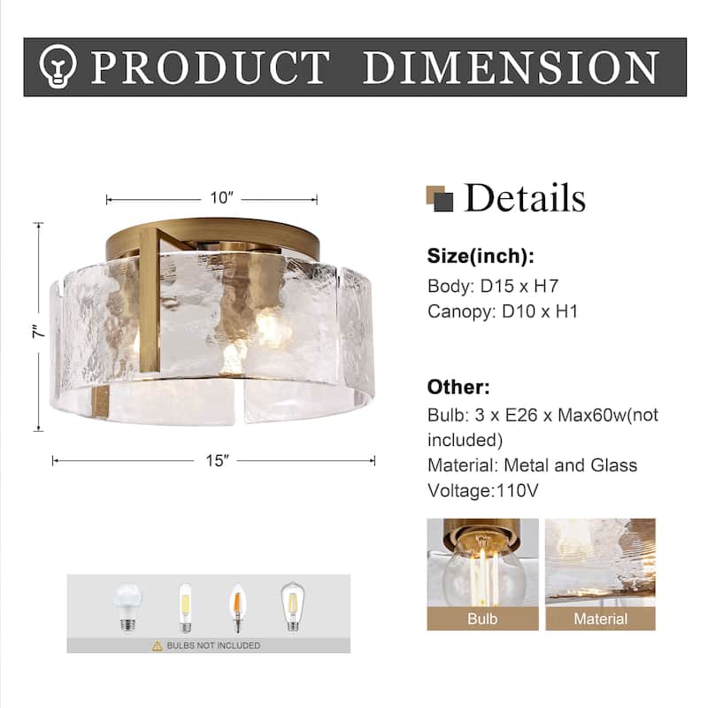 Laia Round 3-Light Textured Glass Panels Flush Mount