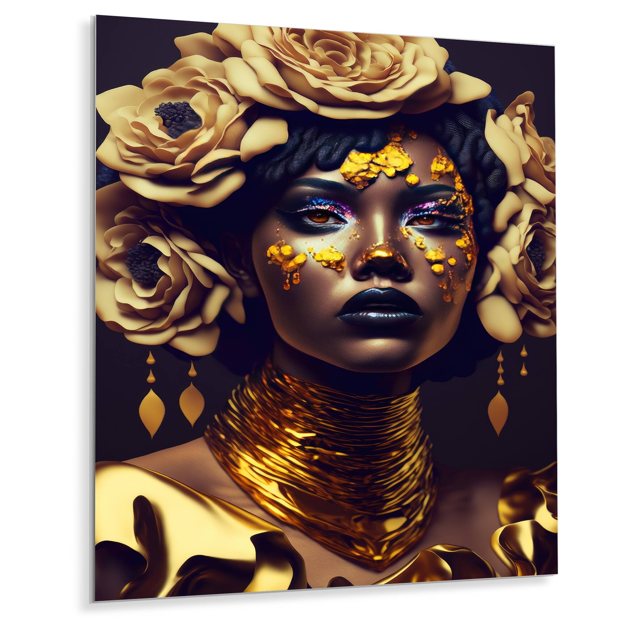 Designart 'Gold And Black Floral Woman IX' African American Woman Metal