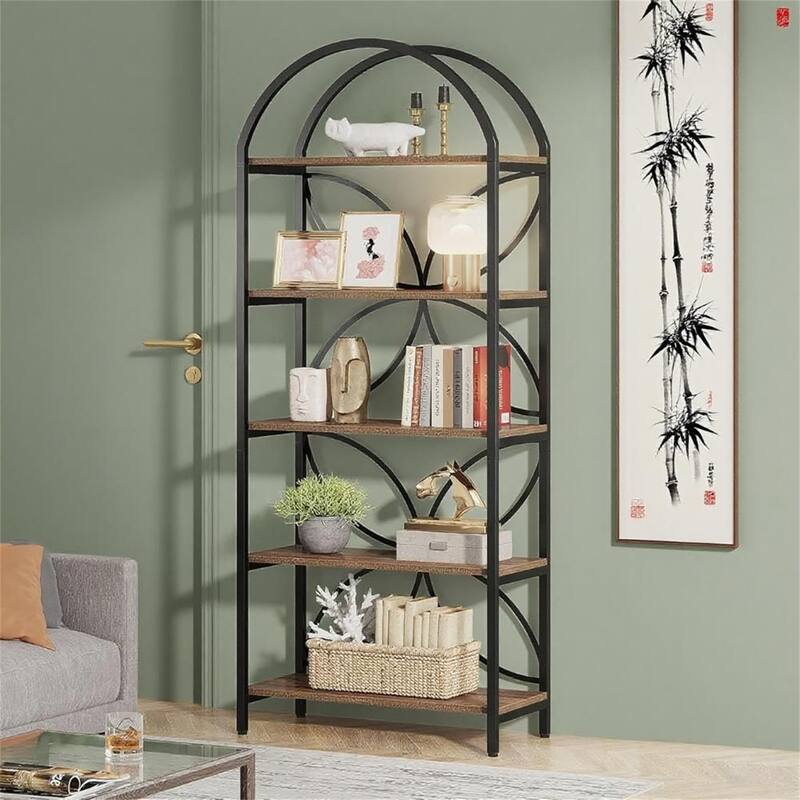 Industrial Narrow 5-Tier Bookcase - Rustic Brown