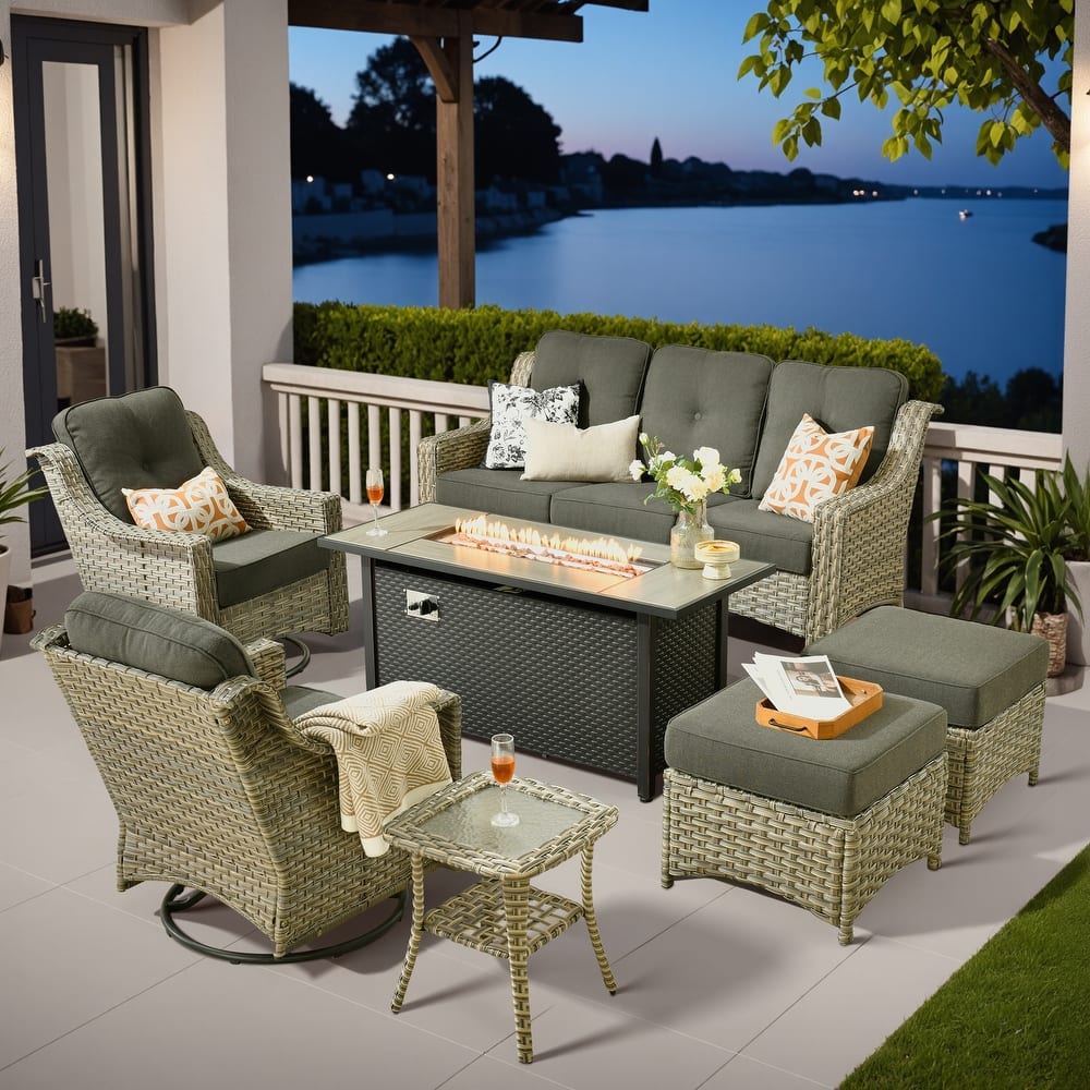 ​​OVIOS 7 Pieces Outdoor Wicker Swivel Chair Set with 54" Fire Table​