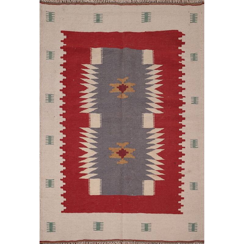 Geometric Kilim Persian Foyer Rug Flatweave Wool Carpet - 3'3"x 4'5"
