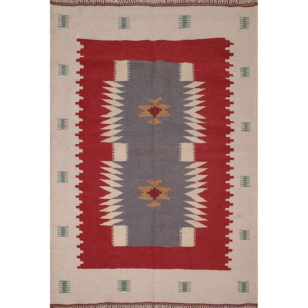 Geometric Kilim Persian Foyer Rug Flatweave Wool Carpet - 3'3"x 4'5"