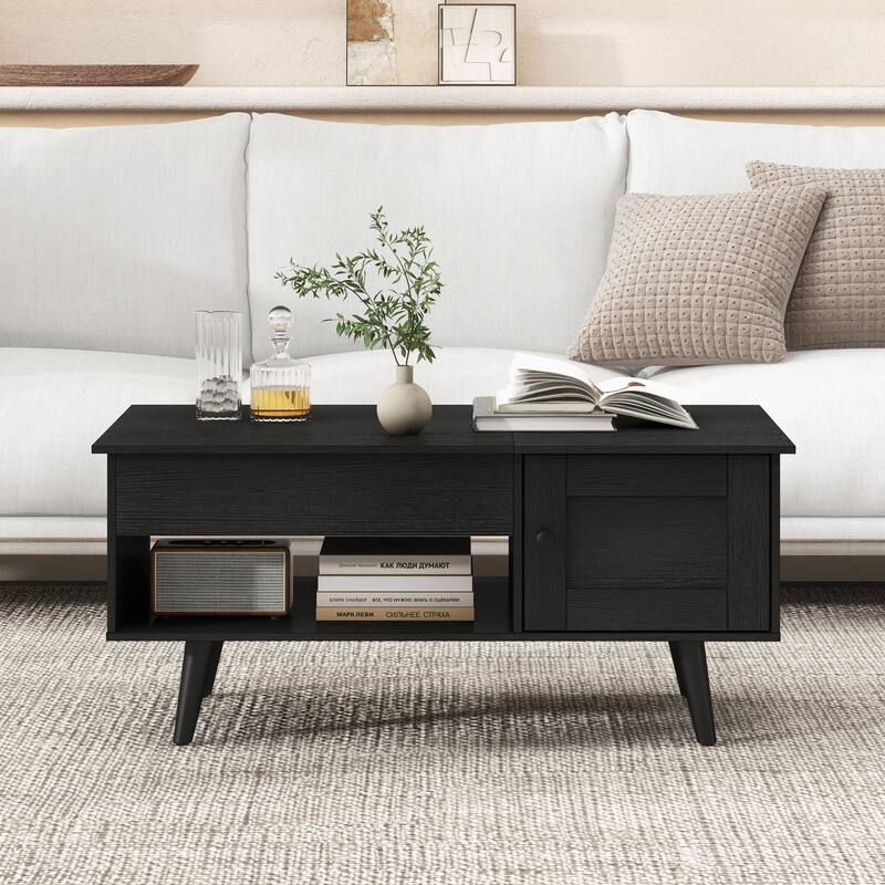 Open Shelf Coffee Table with Lift-Top Workstation and Hidden Storage Cabinet for Living Room - 39.5" x 19.5" x 18" (L x W x H)