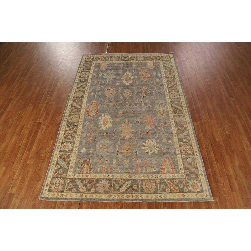 Hand Knotted Oriental 100% Wool Carpet Transitional All-Over Greys & Charcoal Oushak Area Rug - 9' 1'' X 6' 0''
