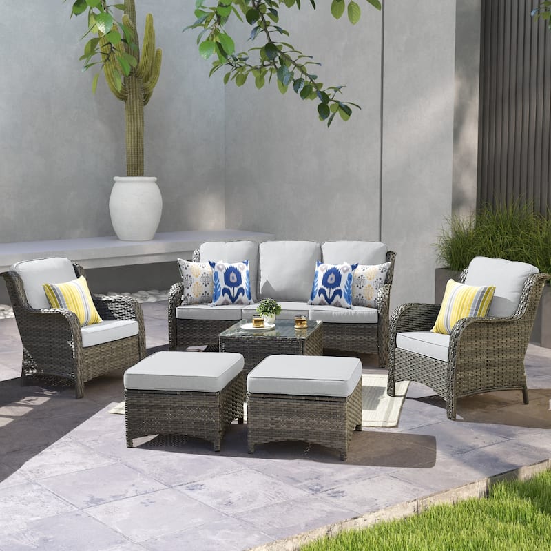 OVIOS 6-piece Patio Conversation Wicker Set with Glass Top Table - Grey-Grey Wicker