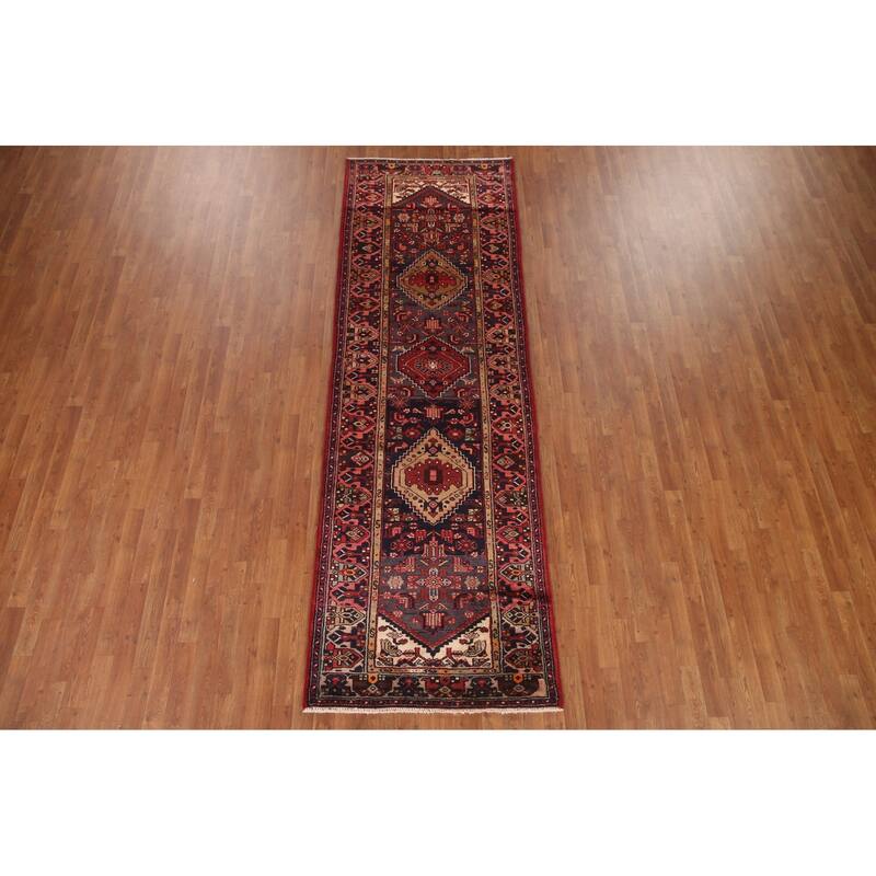 Hand Knotted Oriental 100% Wool Carpet Traditional Tribal Navy Blue & Blues Hamedan Runner Rug - 10' 9'' X 3' 6''