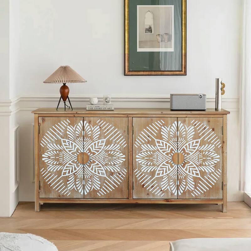 60-Inch Wood Accent Cabinet with Four Doors – Brown & Antique White Modern Pantry Storage, Buffet, Media Console.