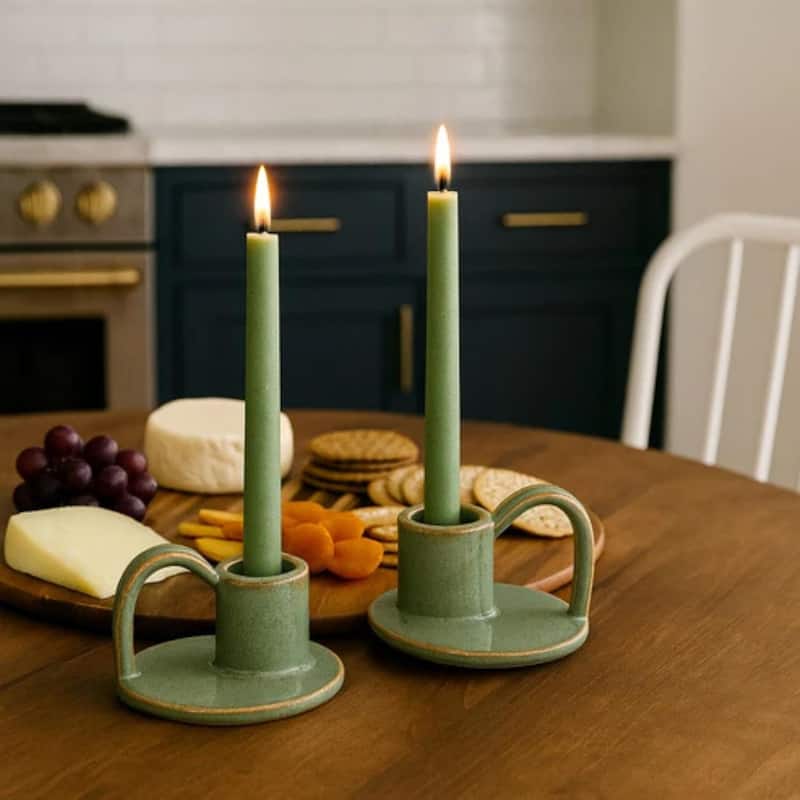 Avocado Green Set of Two Elise Short Ceramic Candlesticks by Aria Home