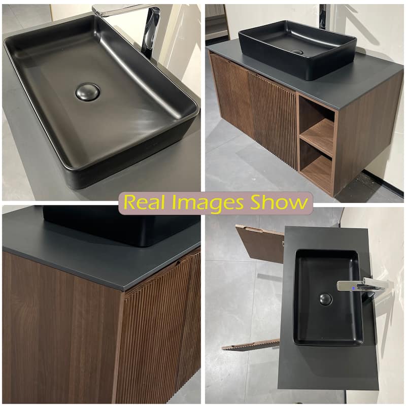 35.83'' Single Bathroom Vanity with Glossy Sintered Stone Top, Light Wood & Dark Wood