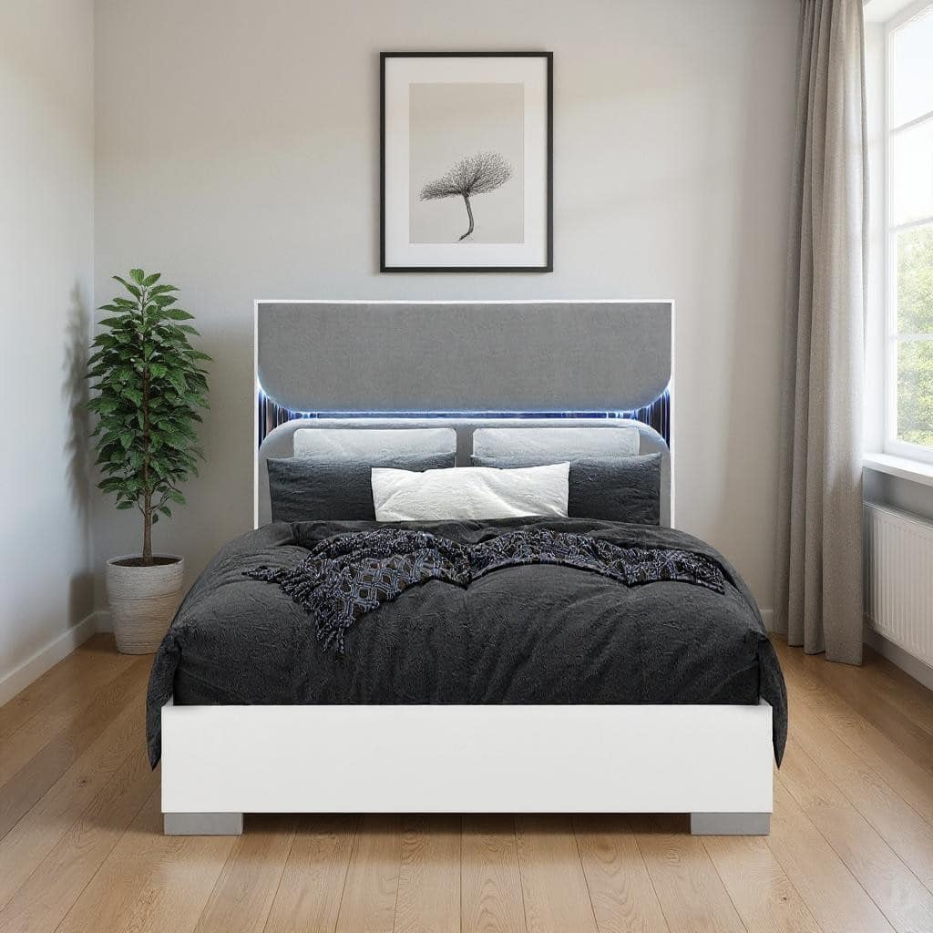 HomeRoots White and Gray Wood And Upholstery Lighted Queen Bed Frame