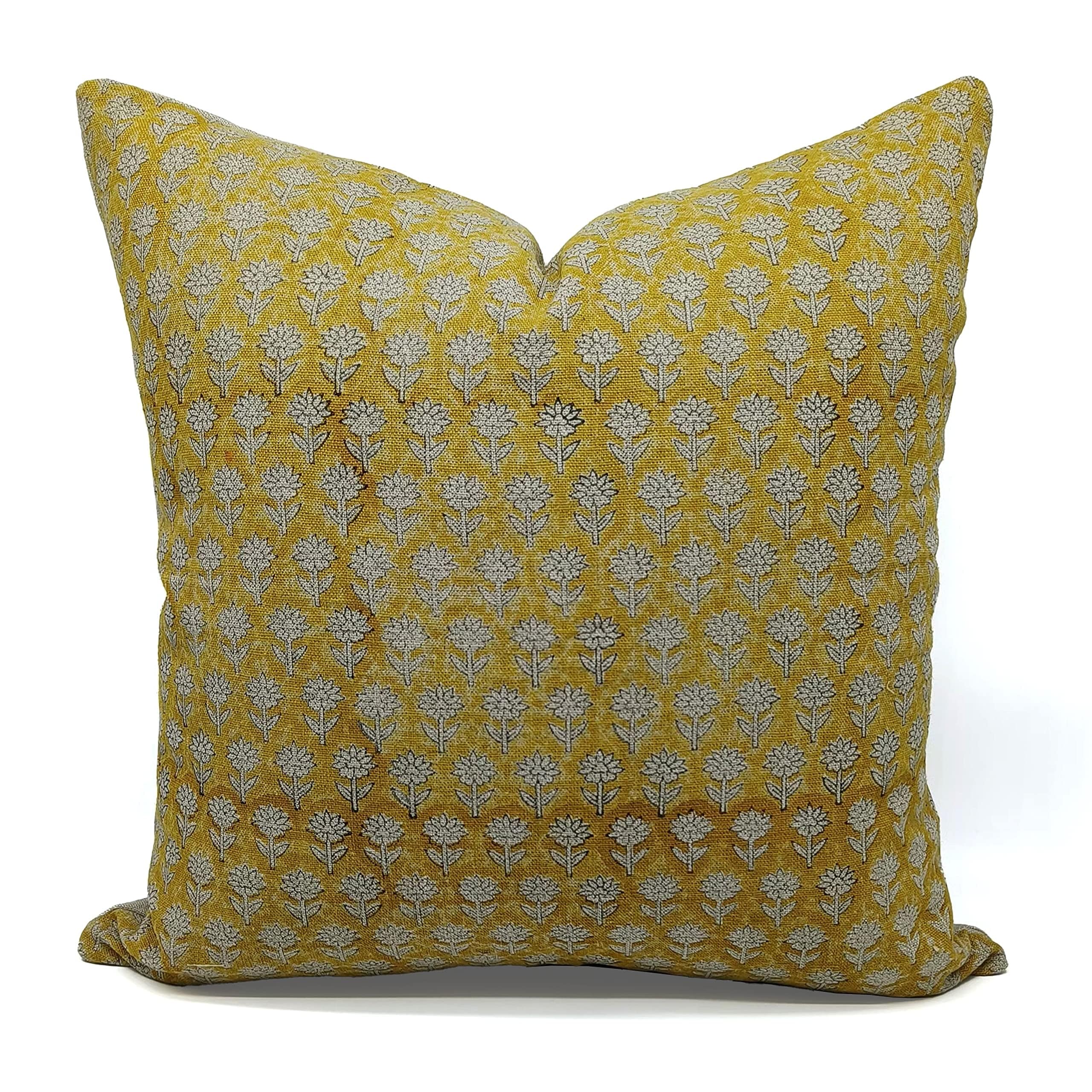 Fabdivine Yellow Floral Block Print Linen Cushion Cover Sofa Chair & Couch Decor Accent, Jasmine