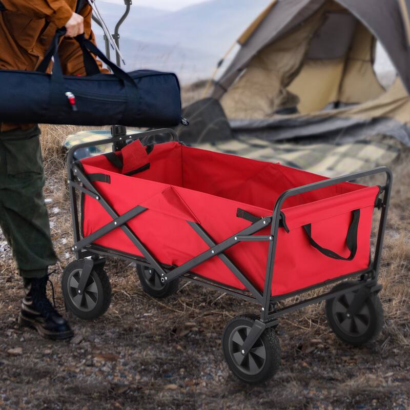GDY Convenient Outdoor Camping Wagon, Folding Cart with Wheels, Outdoor Shopping Trolley - Red