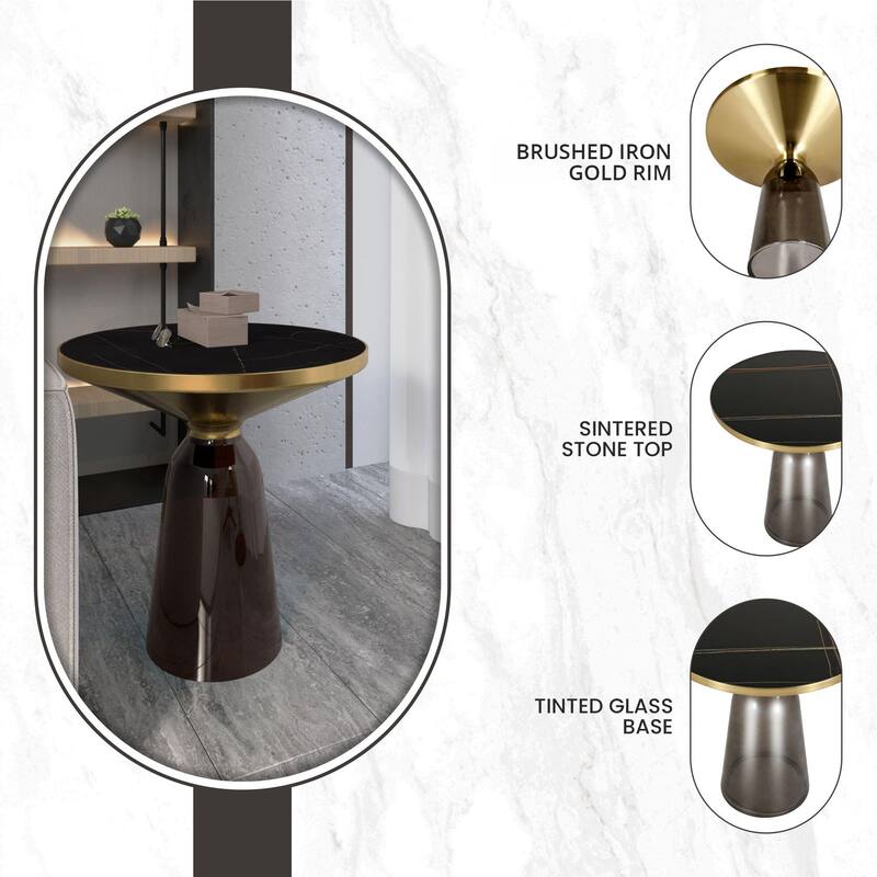 19-Inch Side Table Round Glass/Stone Tabletop End Table with Gold Iron Rim and Glass Base