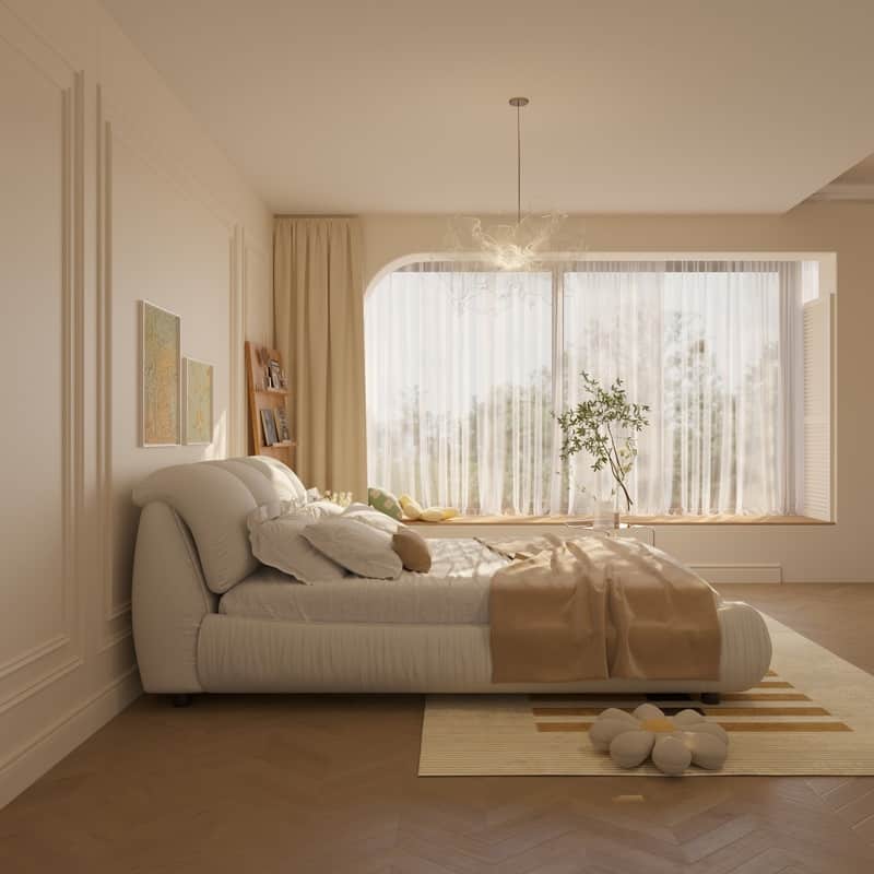 Queen or King Size Upholstered Platform Bed with Oversized Padded Backrest, Luxury Grounded Bed Frame
