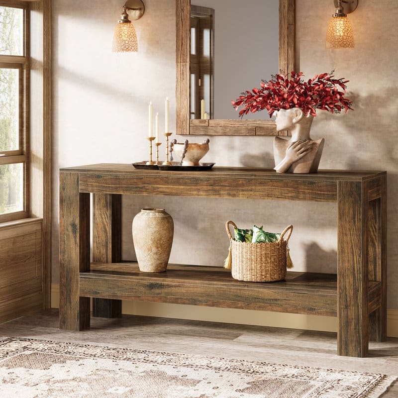 62.99 Inches Long Wood Console Table, 2 Tiers Entryway Table Sofa Table - Bown