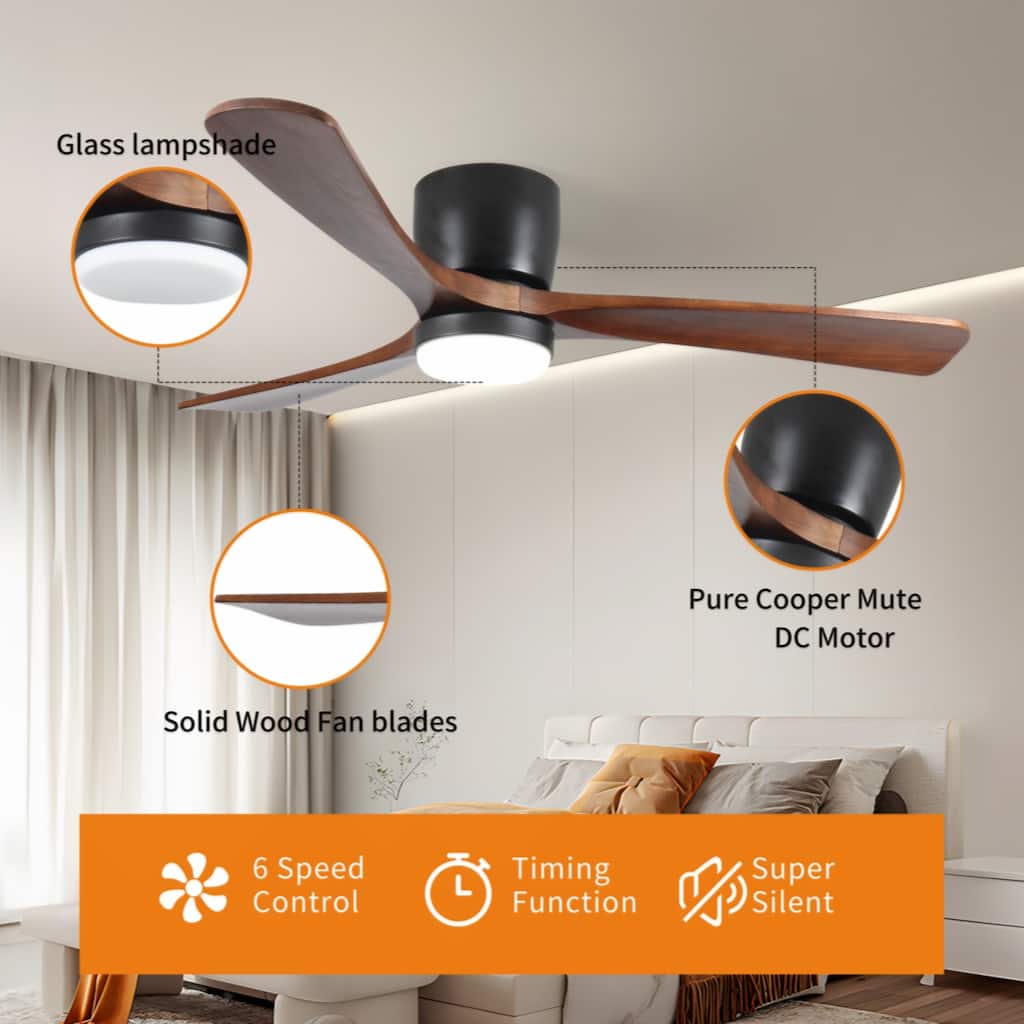 42 inch Black Wood Ceiling Fans with Lights and Remote, Modern Flush Mount Low Profile Ceiling Fan with Light, 6 Speed