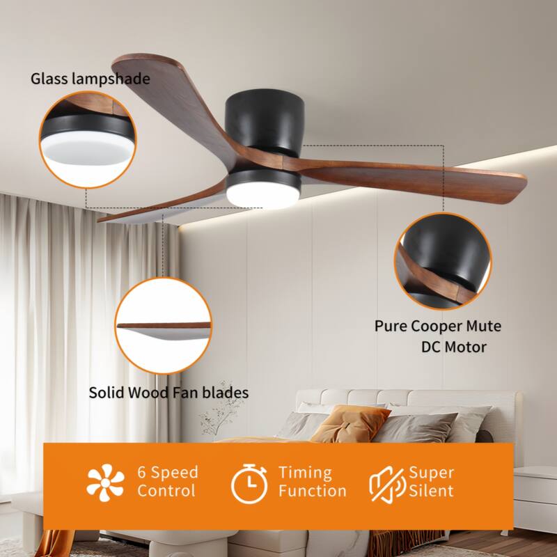 42 inch White Wood Ceiling Fans with Lights and Remote, Modern Flush Mount Low Profile Ceiling Fan with Light, 6 Speed