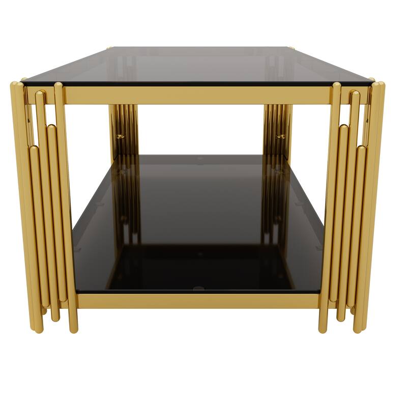 Glass Coffee Table Set of 3, Includes 1 Coffee Table & 2 End Tables, Luxury Living Room Table Set with Glass Top and Lower Shelf