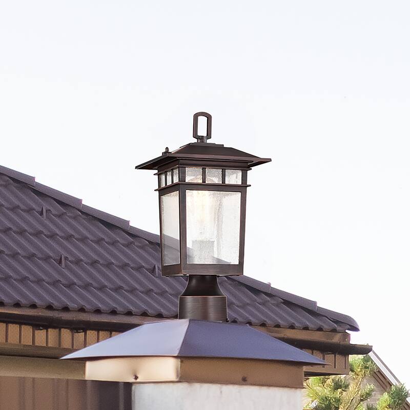 Cove Neck Outdoor Medium Post Light Pole Lantern 1 Light Rustic Bronze Clear Seeded Glass - Rustic Bronze