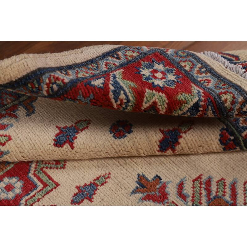 Beige / Ivory Geometric Kazak Oriental Accent Rug Handmade Wool Carpet - 3'2" x 5'0"