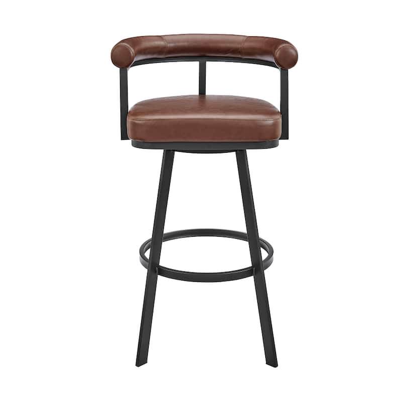 Weni Swivel Barstool Chair, Brown Faux Leather, Black Iron Frame