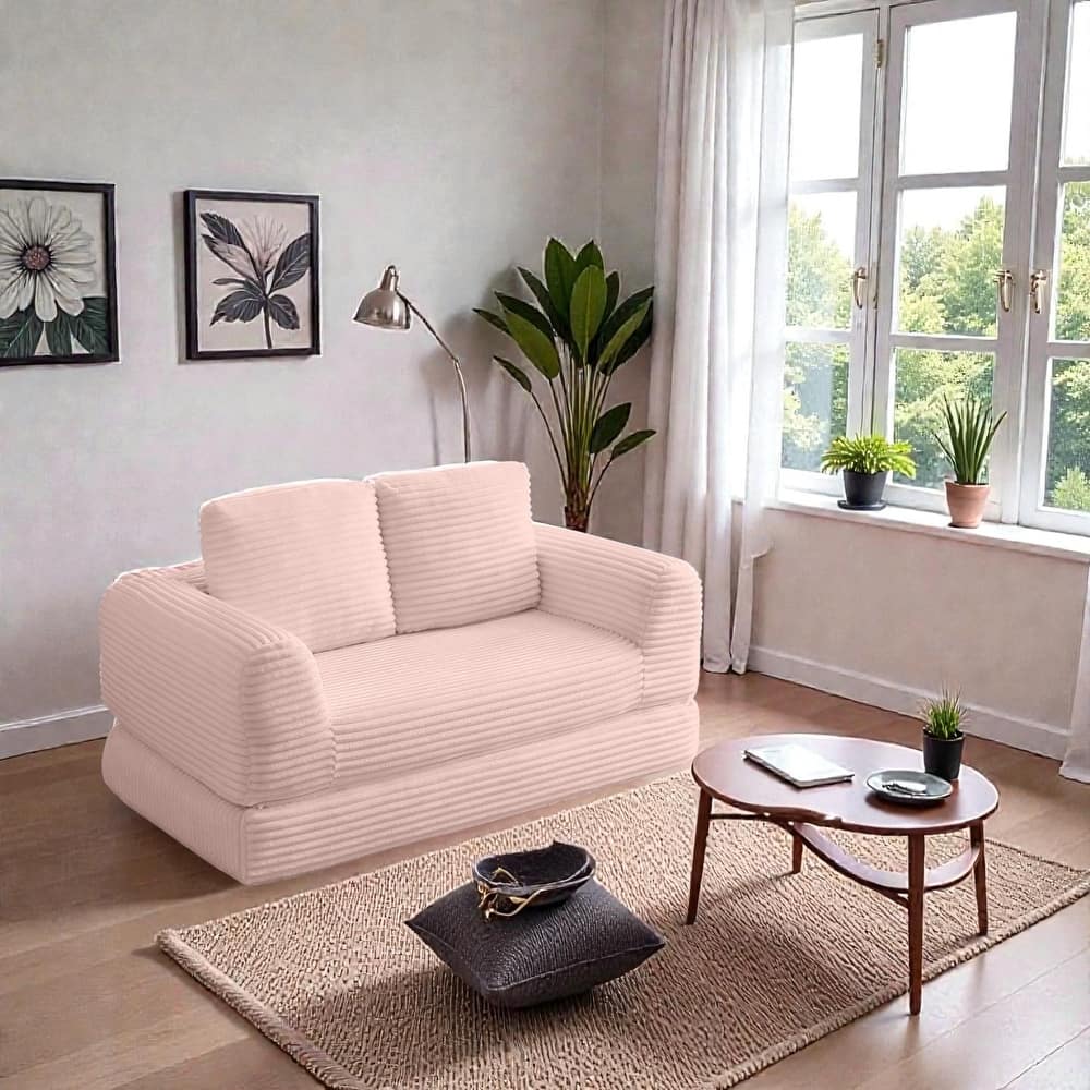 2 in 1 Folding Sofa Bed Loveseat, Corduroy Convertible Sleeper Couch with Pillows, Boneless Floor Futon