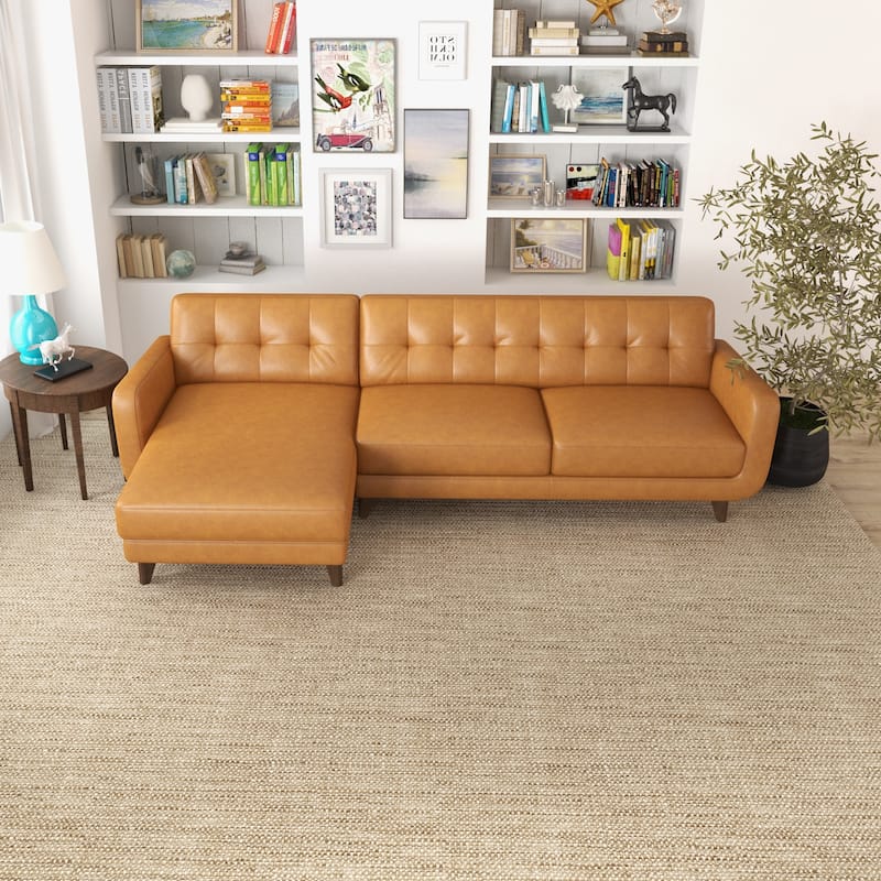 Carla Mid Century Modern Tufted Living Room Leather Sectional Couch - Tan - Left Facing