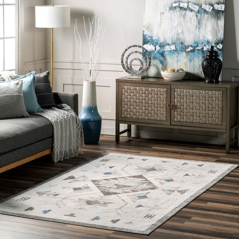 Nuloom Irini SpinClean Faded Southwestern Machine Washable Area Rug - 3'8" x 6' - Light Grey - Rectangle