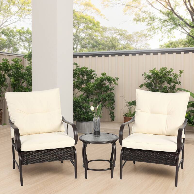 3 Piece Outdoor Steel Frame Furniture Set, Patio Rattan Conversation Chairs Set with Glass Coffee Table and Removable Cushions