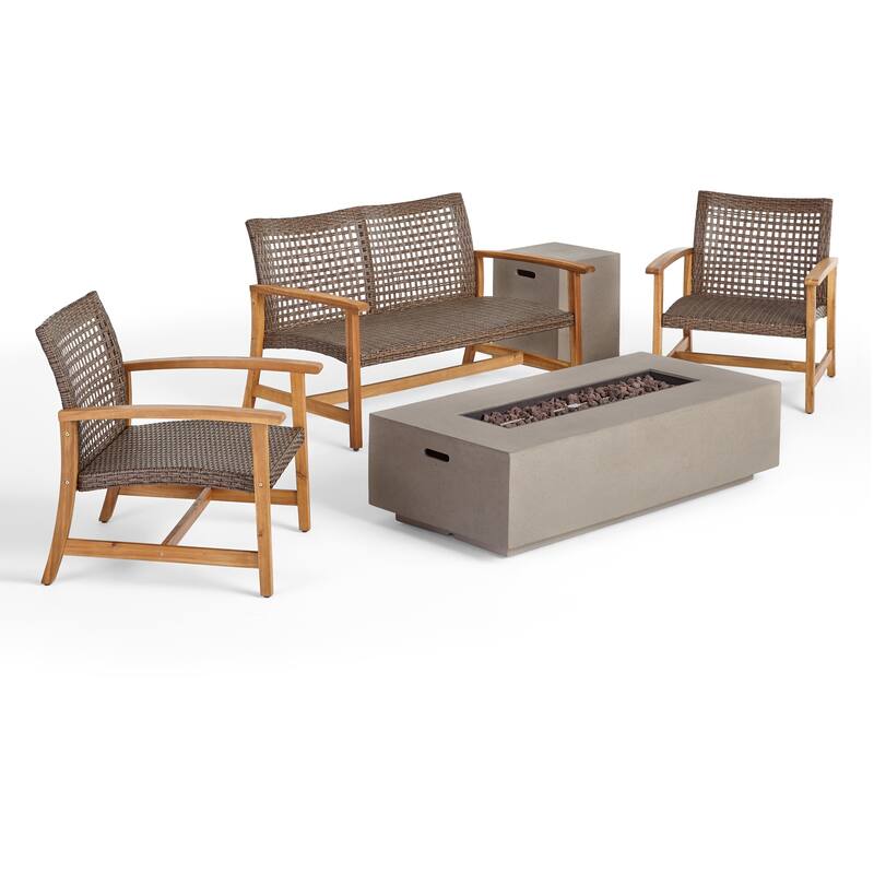 Augusta Outdoor Acacia Wood and Wicker 4 Seater Chat Set with Fire Pit by Christopher Knight Home