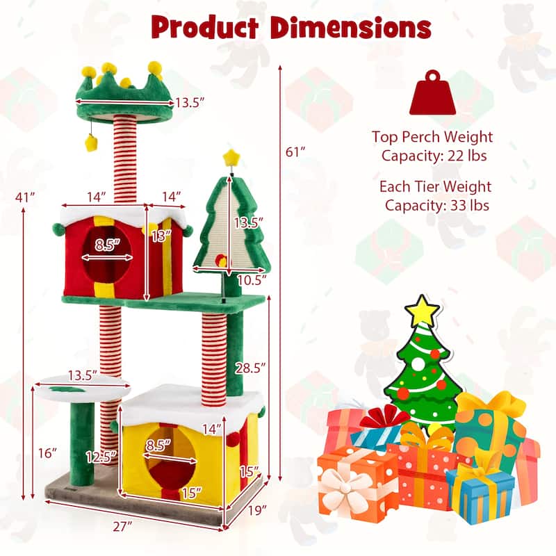 Cute Christmas Cat Tree Cat Tower for Indoor with Scratching Posts and Carpet - 27 x 19 x 61"