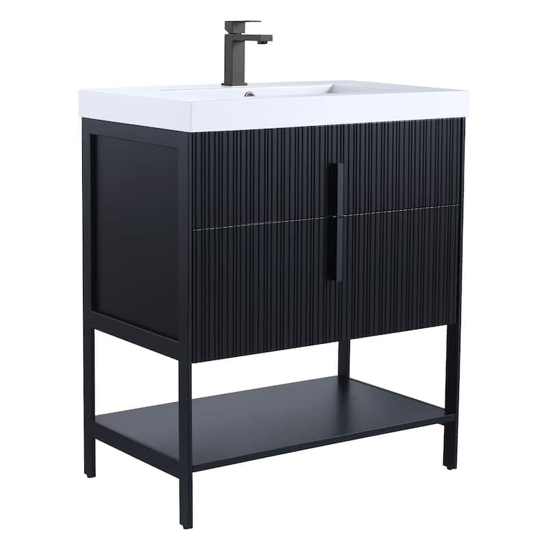 Fine Fixtures Serenity Modern Bathroom Vanity with White Gel Acrylic Top - Black Matte - Black Hardware - 30 inch