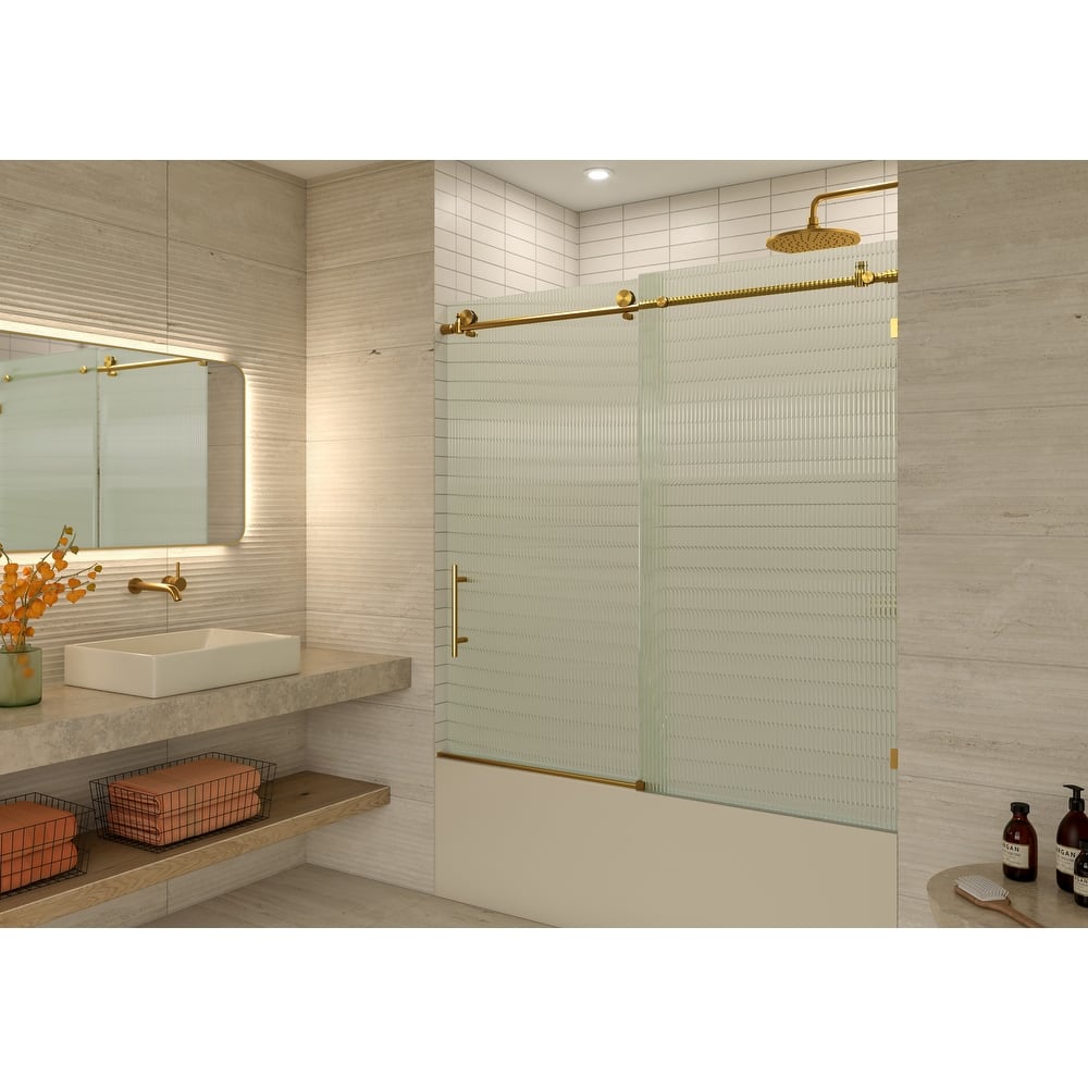 Galaxy 60 in. x 60 in. Fully Frameless Fluted Glass Sliding Bathtub Doors - Lefthand