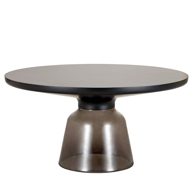 30-Inch Round Coffee Table Glass/Stone Tabletop with Black Iron Rim Frame Glass Pedestal Base