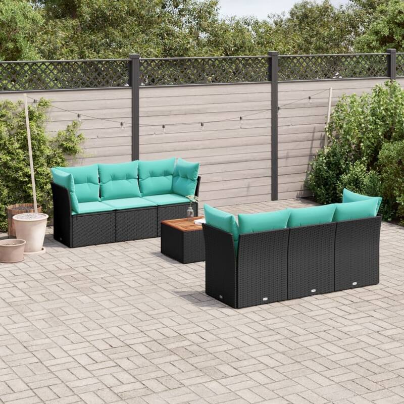 vidaXL 7 Piece Patio Sofa Set with Cushions Black Poly Rattan - 21.7x14.6x21.7