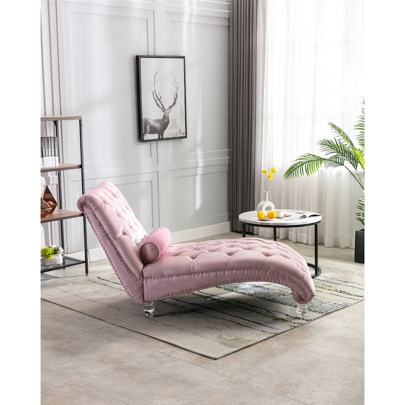 Leisure Concubine Sofa with Acrylic Feet, Traditional Chaise Velvet Barrel Sofa with Lumbar Support Pillow for Living Room