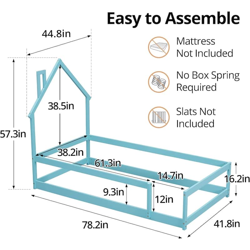 Twin Size House-Shaped Headboard Floor Bed with Fences