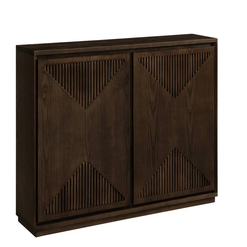 V-Shaped Fluted Storage Cabinet, Multi-Functional Narrow Side Cabinet, Wood Buffet Cabinet with 2 Doors & 2 Outlet Holes