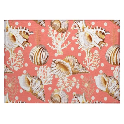 Indoor/ Outdoor Surfside Coral Shells Washable Rug New
