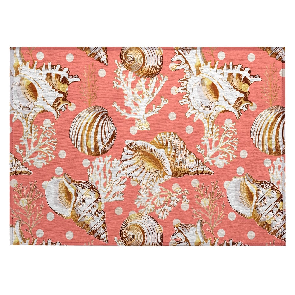 Indoor/ Outdoor Surfside Coral Shells Washable Rug New