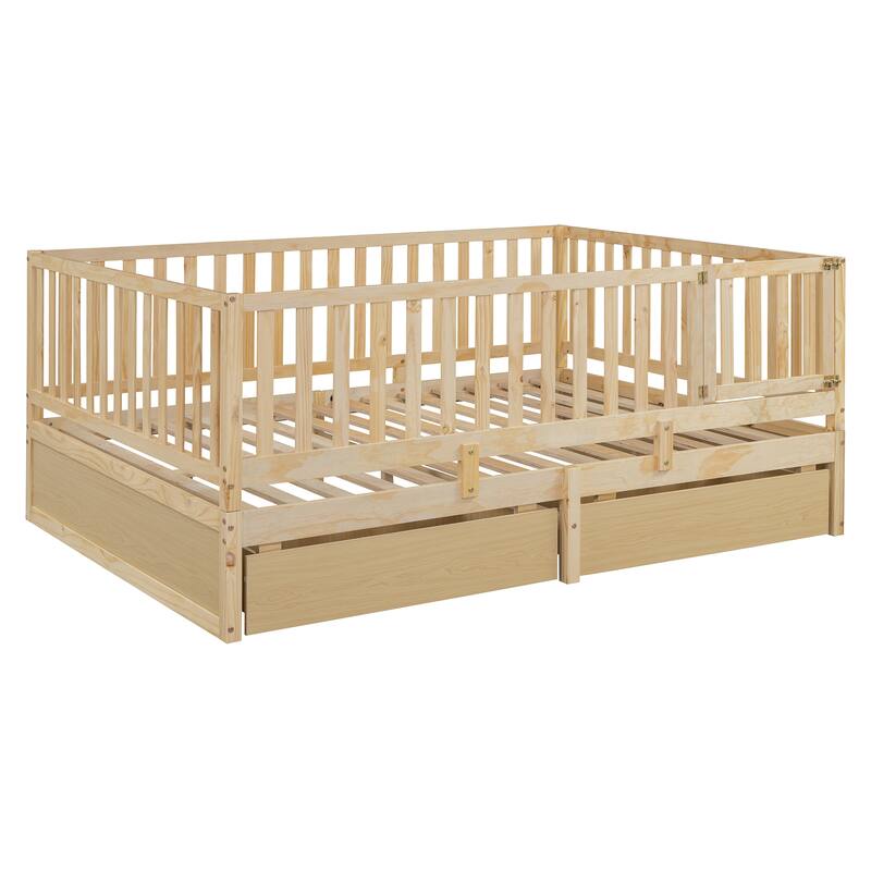 Pine Wood Daybed Floor Bed Frame with Fence Guardrails and 2 Drawers, Converts into Two Individual Beds, No Box Spring Needed