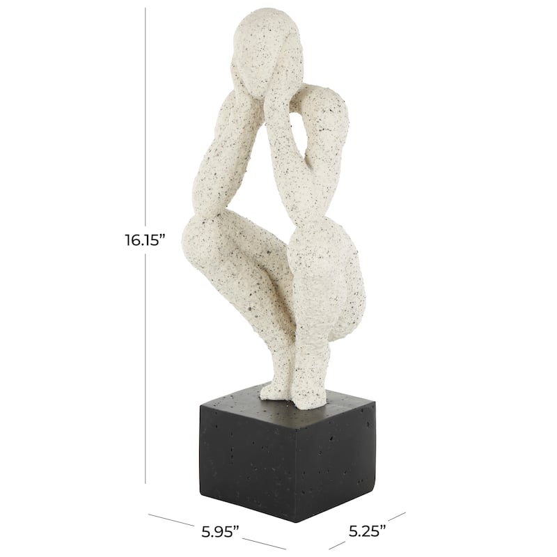Cream Polystone Crouching People Decorative Sculpture with Black Square Base