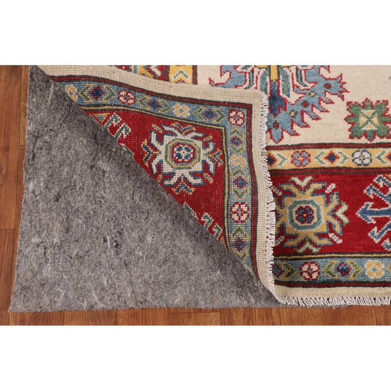 Geometric Ivory Kazak Oriental Area Rug Handmade Wool Carpet - 5'2" x 6'6"