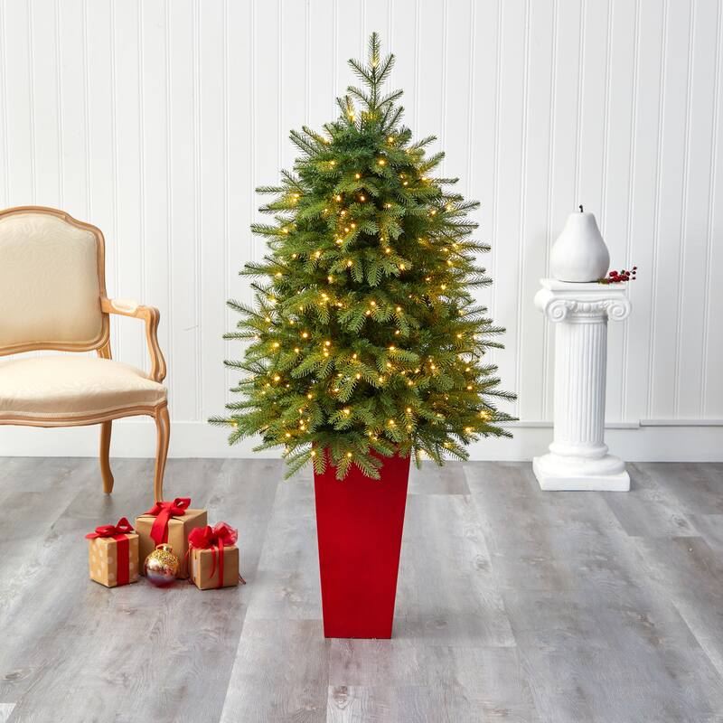 57" Artificial Christmas Tree with 250 LED Lights in Red Tower Planter