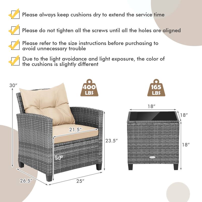 Costway 3PCS Patio Rattan Furniture Bistro Set Cushioned Sofas Side