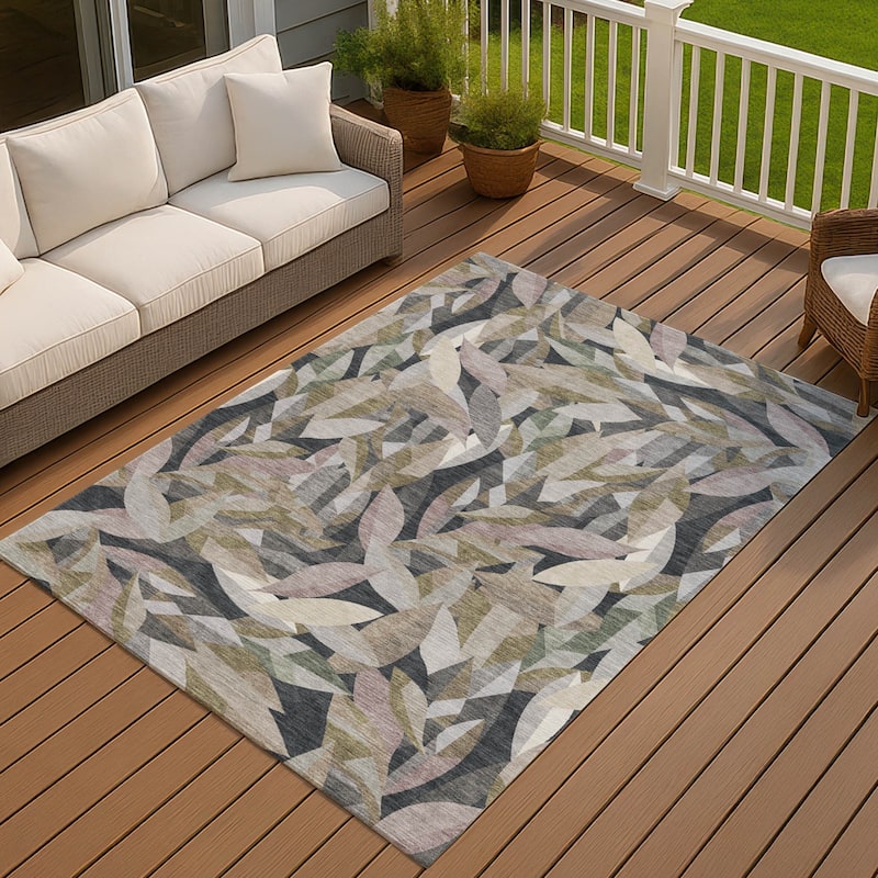 Machine Washable Indoor/ Outdoor Modern Floral Chantille Rug - Khaki - 9' x 12'