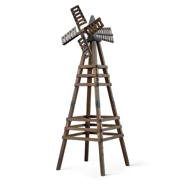 slide 2 of 13, 6FT Wood Windmill Backyard Garden Decoration Weathervane Tan