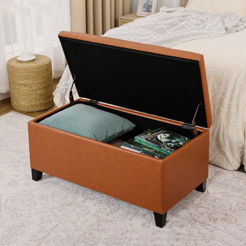 Adeco Rectangular Storage Ottoman Faux Leather Bench Lift-top Footrest