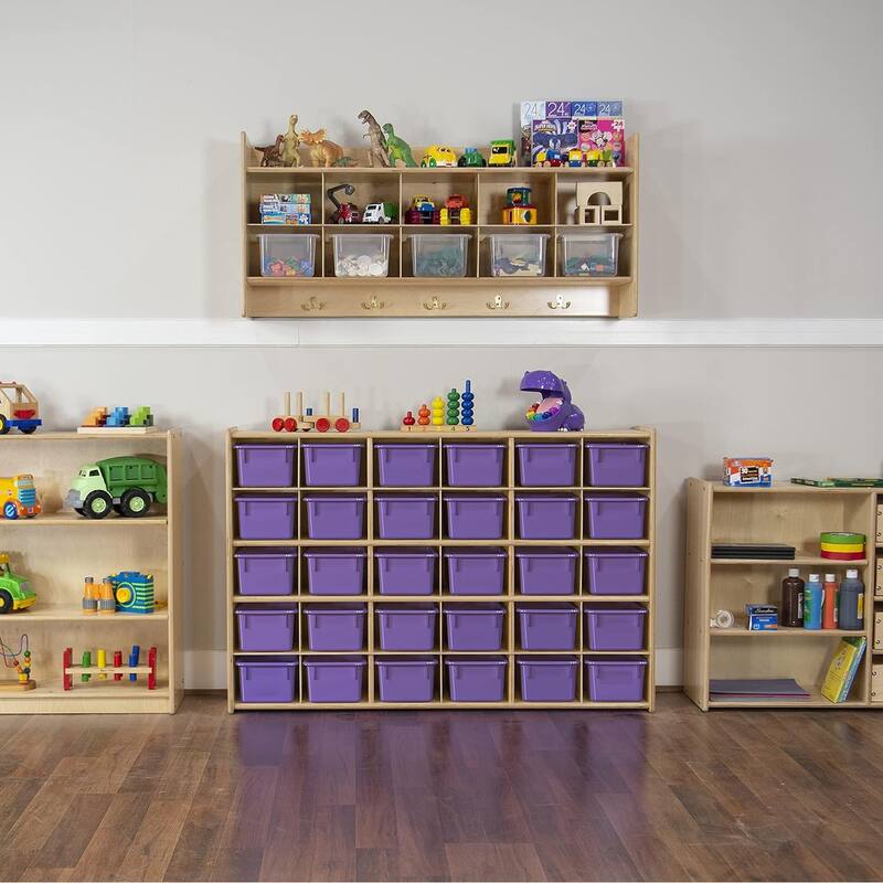 Contender 30 Cubby Storage Cabinet With Purple Pastel Trays, Kids Cubby Storage shelving Unit for Kindergarten