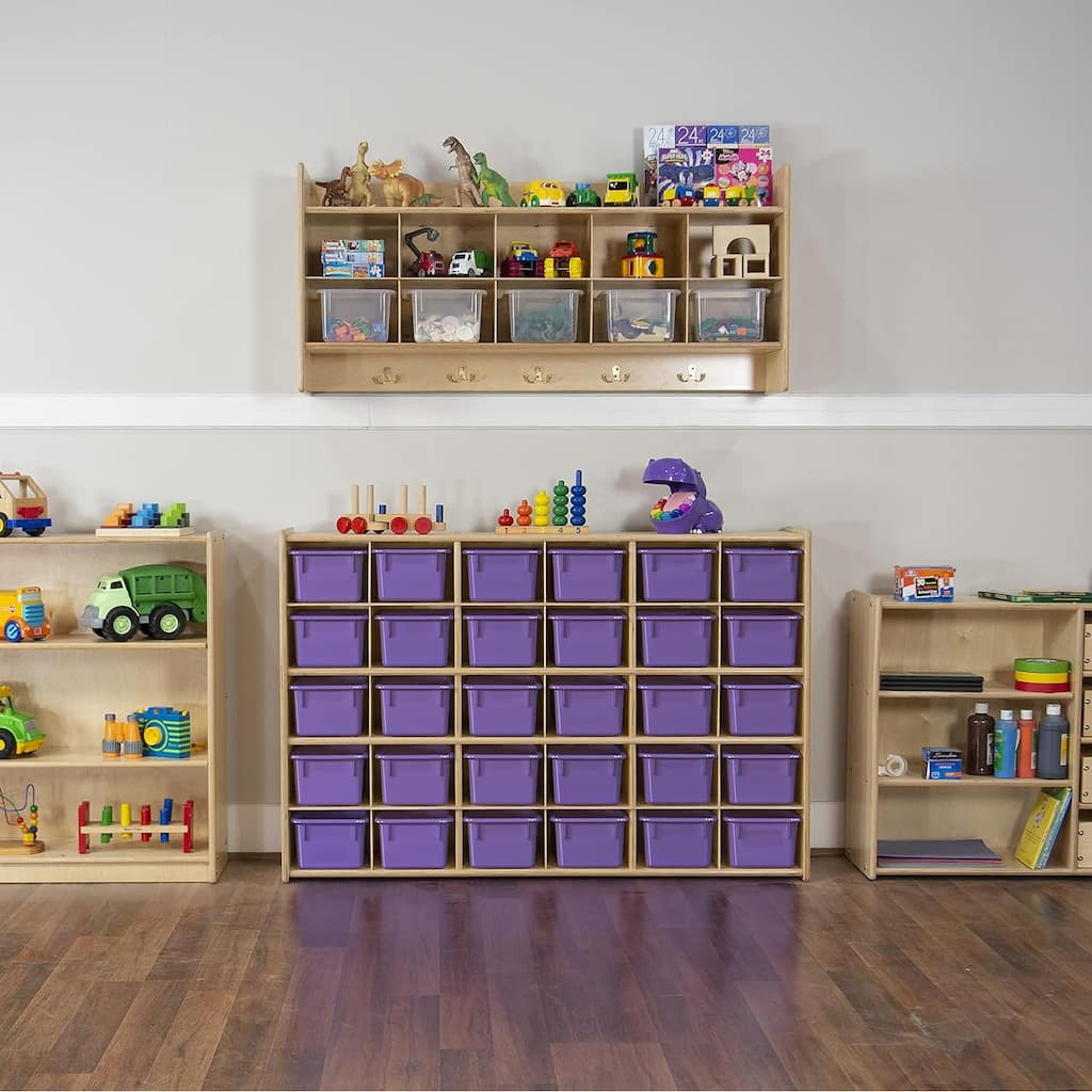 Contender 30 Cubby Storage Cabinet With Purple Pastel Trays, Kids Cubby Storage shelving Unit for Kindergarten